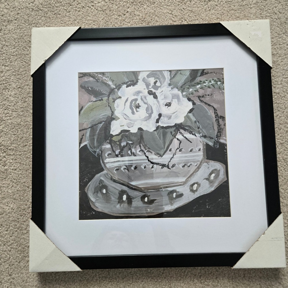 Modern Framed Floral Still Life Print White Roses Black Square Frame 15"x15"